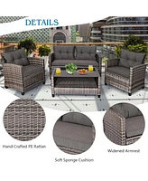 8PCS Patio Rattan Furniture Set Coffee Table Cushioned Sofa Garden Lawn Gray