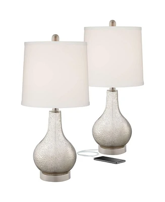 Ledger Modern Accent Table Lamps 21.75" High Set of 2 with Usb Charging Port Mercury Glass Off White Drum Shade Decor for Living Room Desk Bedroo