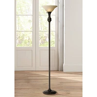 Traditional Torchiere Floor Lamp 70" Tall Hand Applied Black Bronze Swirl Font Amber Glass Shade Standing Pole Light for Living Room Reading Hous