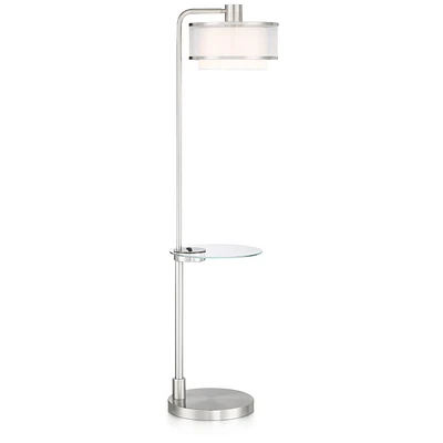 Vogue Modern Floor Lamp with Table Tempered Glass 60" Tall Brushed Nickel White Linen Silver Organza Double Drum Shade Usb Charging Port for Livi