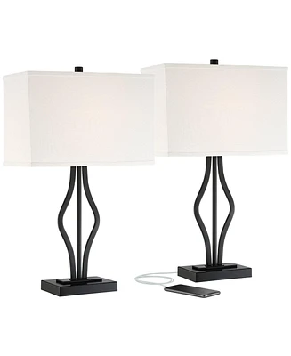 Ally Modern Table Lamps 26 1/2" Tall Set of 2 with Usb Charging Port Black Metal Rectangular Fabric Shade for Bedroom Living Room House Home Desk
