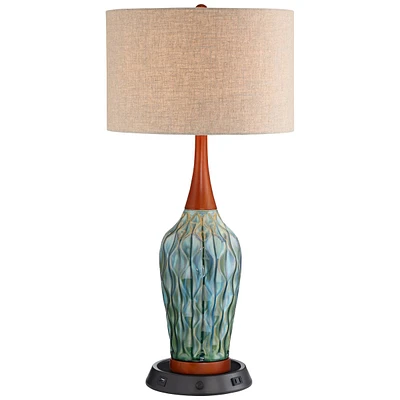 360 Lighting Rocco Mid Century Modern Table Lamp with Dimmable Usb Workstation Charging Base 30" Tall Blue Teal Ceramic Cherry Wood Linen Drum Shade f