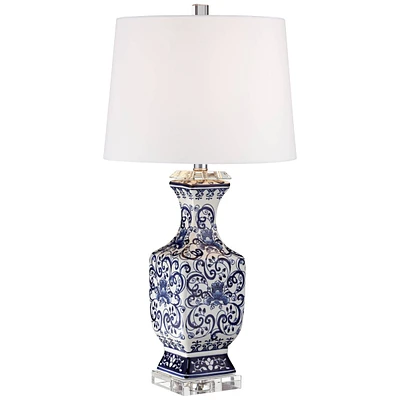 Iris Traditional Country Cottage Table Lamp with Table Top Dimmer 28" Tall Blue White Floral White Porcelain Drum Shade Living Room Bedroom House