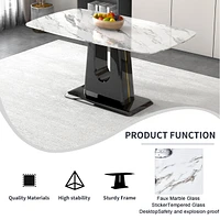 Streamdale Furniture 1 table and 6 chairs. Modern, simple and luxurious white imitation marble rectangular dining table and desk with 6 black Pu gold