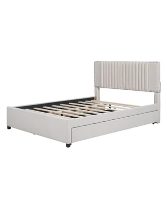 Queen Size Upholstered Platform Bed With 2 Drawers And 1 Twin Xl Trundle, Classic Headboard Design