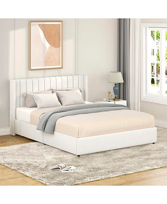 Anda Queen Size Ivory Boucle Upholstered Platform Bed with Patented 4 Drawers Storage, Tufted Headboard, Wooden Slat Mattress Support, No Box Spring N