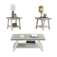 Contemporary 3-Piece Wood Shelf Coffee Table Set in Weathered Gray and Beige