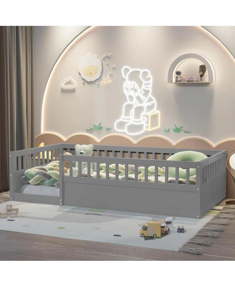 Twin Floor Bed Frame with Fence, Wood Kids Floor Beds Frame for Bedroom Playroom, Gray date Jun. 21st)