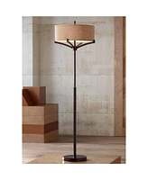Tremont Modern Mid Century Floor Lamp Standing 62" Tall Deep Bronze Metal Tan Burlap Drum Shade for Living Room Reading Bedroom Office House Home