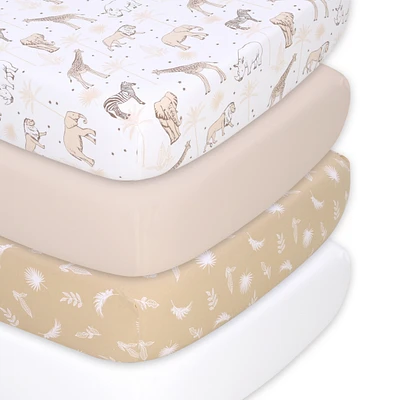 The Peanutshell Caramel Safari Cotton Jersey 4 Pack Fitted Crib Sheets