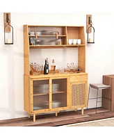 Bamboo Buffet Cabinet Wine Bar Pantry Cupboard Sideboard with Rattan Sliding Door