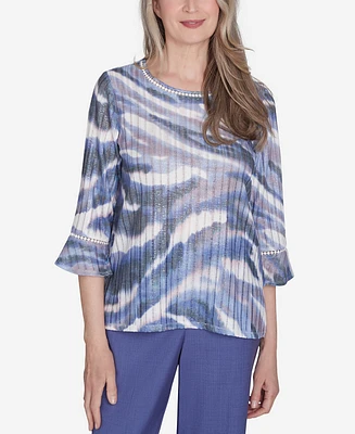 Alfred Dunner Women's Worth Avenue Watercolor Top with Three Quarter Bell Sleeves