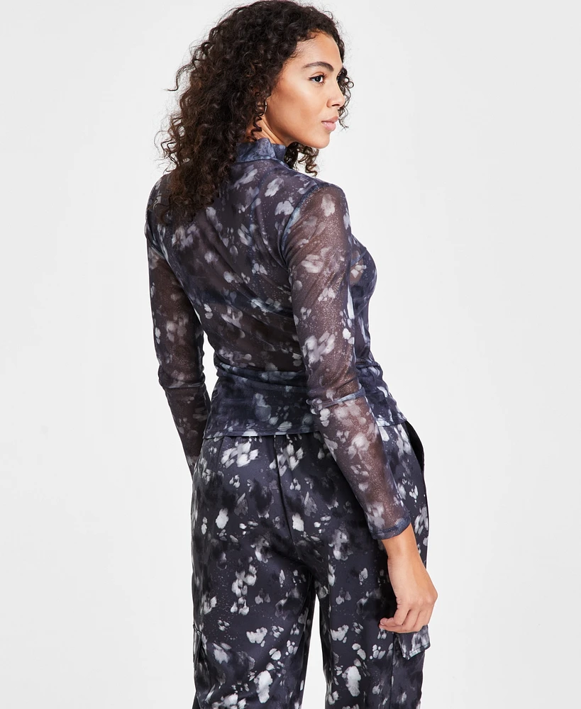 Bar Iii Women's Foil Mesh Mock Neck Long-Sleeve Top, Created for Macy's