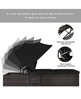 Gymax Set of 2 Rattan Patio Chaise Lounge Chair W/ Adjustable Canopy Black Cushion