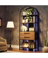 Tribesigns 4-Tier Bookshelf with 2 Drawers, Industrial Open Book Shelf Arched Bookcase, 70.8" Tall Storage Shelves Display Rack with Led Light and Met