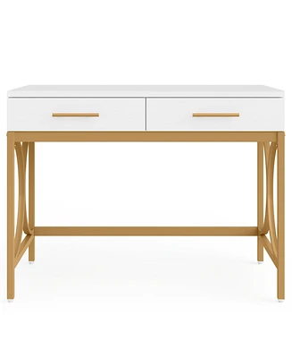 Tribesigns Computer Desk with Two Drawers, Modern Study Writing Desk with Storage, Makeup Vanity Table Office Desk with Gold Metal Frame for Home Offi