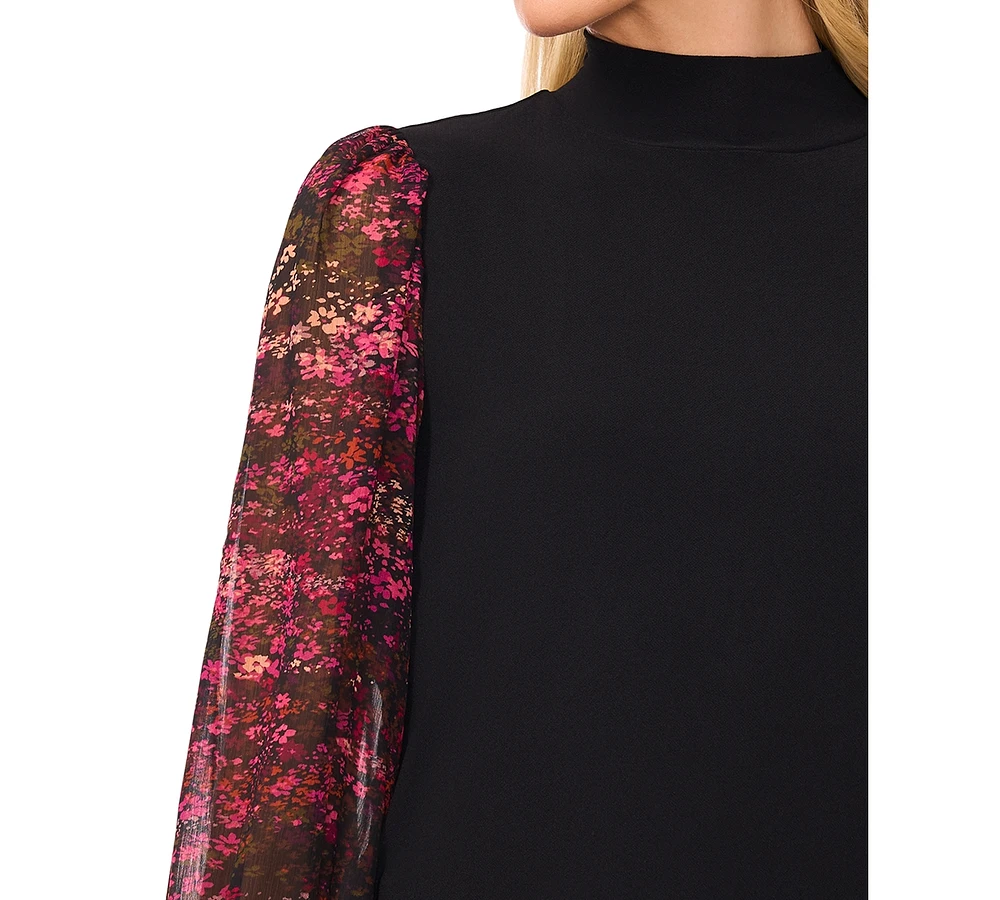 CeCe Women's Sheer Floral Long-Sleeve Mock Neck Top