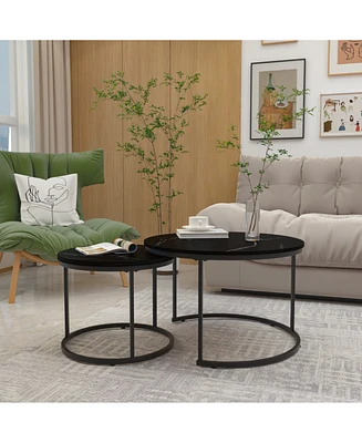 2-Tier Nesting Coffee Table Set with Marble Pattern Top
