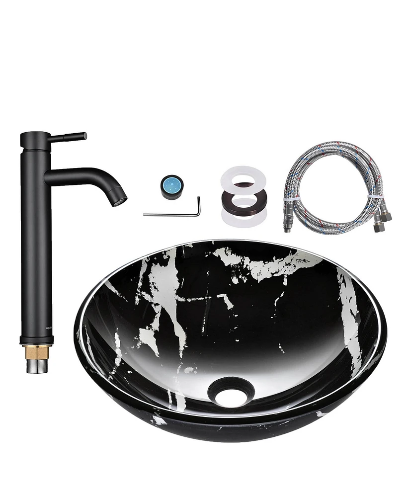 Aquaterior Bathroom Round Tempered Glass Vessel Sink w/ Orb Faucet Mounting Ring