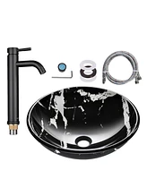 Aquaterior Bathroom Round Tempered Glass Vessel Sink w/ Orb Faucet Mounting Ring