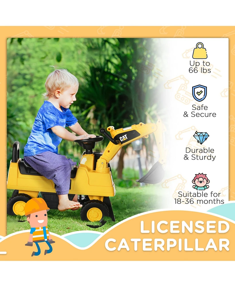 Aosom Cat Licensed Excavator Ride-on Toy for Kids w/ Manual Shovel,