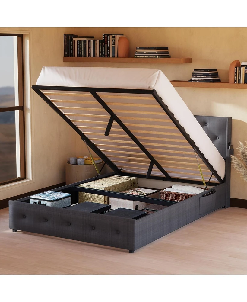 Queen Bed Frame with Storage, Lift Up, Wingback Headboard, Usb Ports