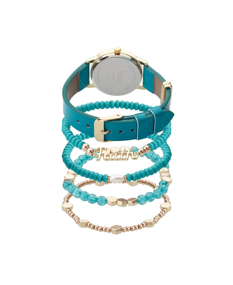 American Exchange Women's Turquoise Polyurethane Leather Strap Analog Watch 32mm with Stackable Bracelets Gift Set