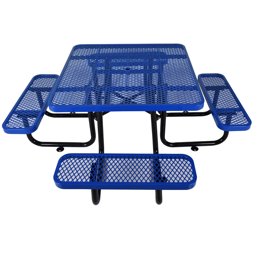 Square Outdoor Steel Picnic Table 46" blue, with umbrella pole