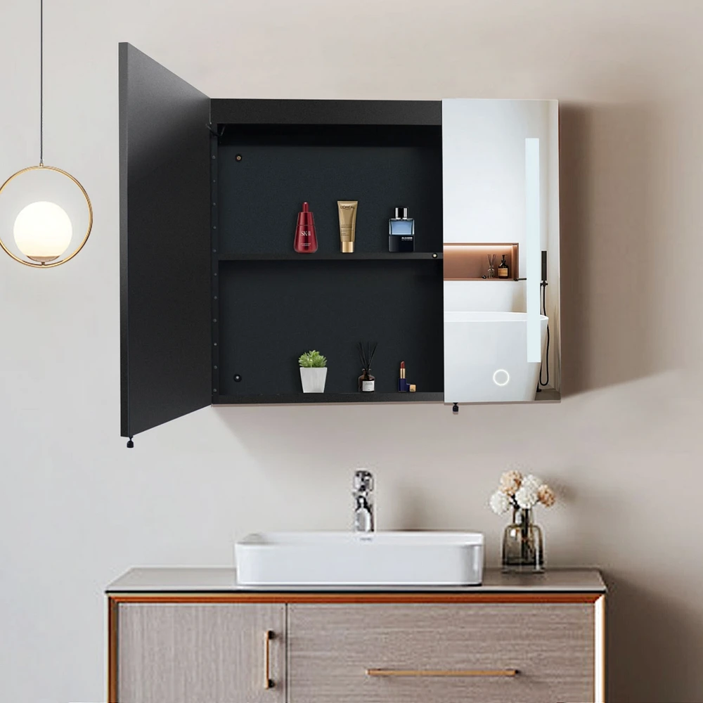 30x26" Black Led Medicine Cabinet with Storage, Defogger, Dimmable Lights