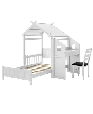 Twin House Bed with Desk & Chair with 2 Drawers Windmill Fence & Headboard for Teens