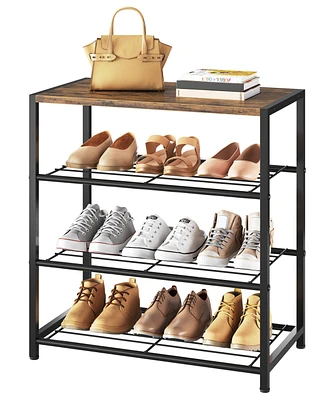 4-Tier Shoe Rack Metal Storage Organizer with Wood Top Board