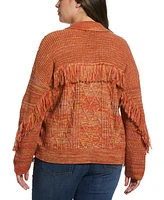 Ella Rafaella Plus Fringe Trim Long Sleeve Polo Sweater