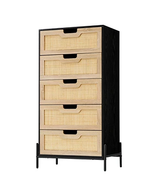 Modern Rattan 5 Drawers Dresser, Double Dresser for Bedroom, Chest of Drawers Closet Organizers and Storage Clothes for Bedroom Living Room Hallway Of