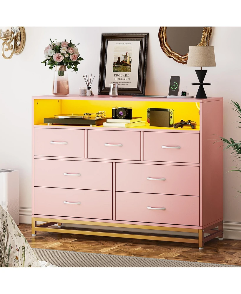 Pink Dresser for Bedroom, Modern 7 Drawers Long Dresser with Charging Station and Led Lights Design, Wooden Large Capacity Storage Chest of Drawers, W