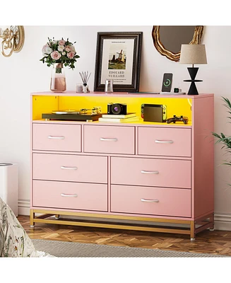 Pink Dresser for Bedroom, Modern 7 Drawers Long Dresser with Charging Station and Led Lights Design, Wooden Large Capacity Storage Chest of Drawers, W