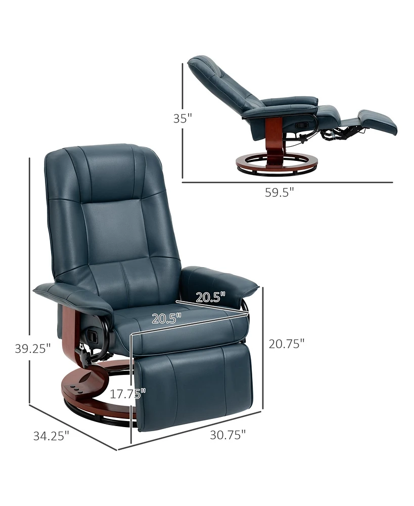 Faux Leather Manual Recliner with Swivel Wood Base, Blue