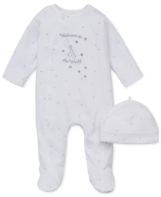 Little Me Baby Boys or Girls Welcome To The World Footed Coverall and Hat, 2 Piece Set