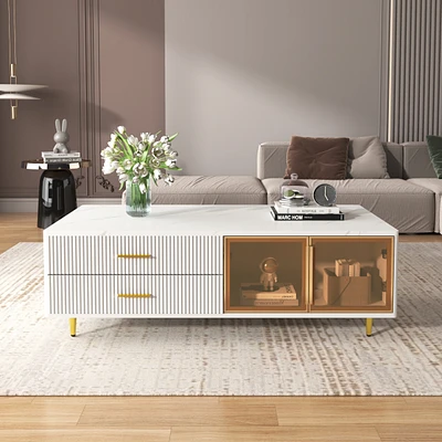 White Coffee Table with Storage, Gold Legs, Led Lighting (47.2")