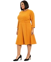 London Times Plus Size 3/4-Sleeve Tab-Waist Fit & Flare Dress