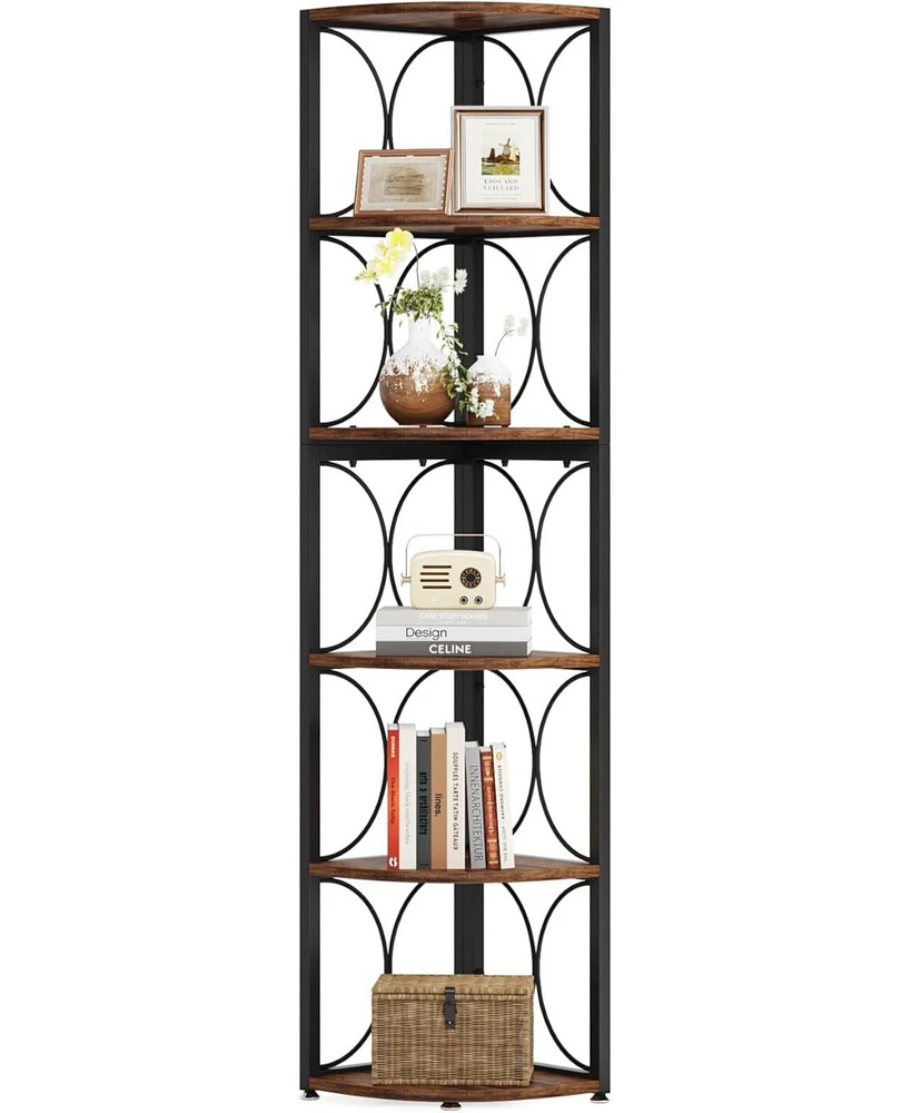 Tribesigns 67 inch Tall Corner Shelf, 6 Tier Rustic Corner Bookshelf Bookcase Storage Rack Standing Shelving Unit for Living Room, Small Space