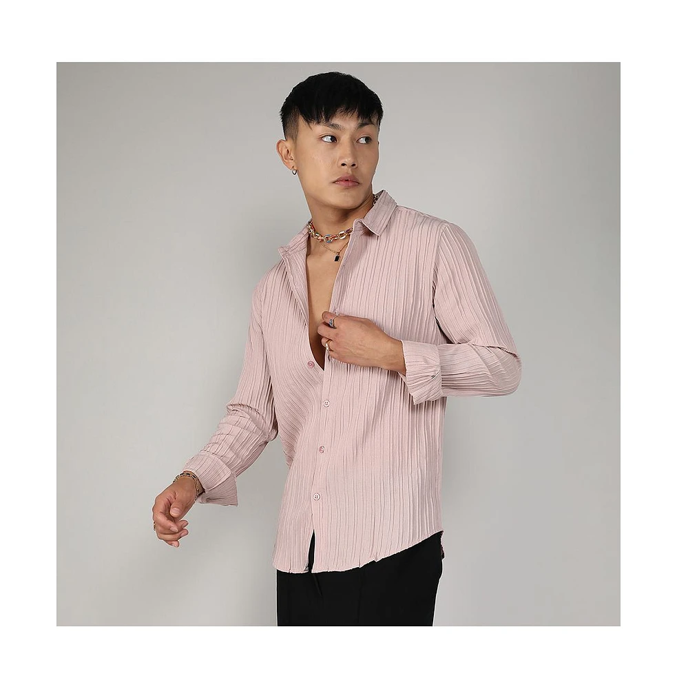 Men's Blush Pink Self-Design Striped Shirt