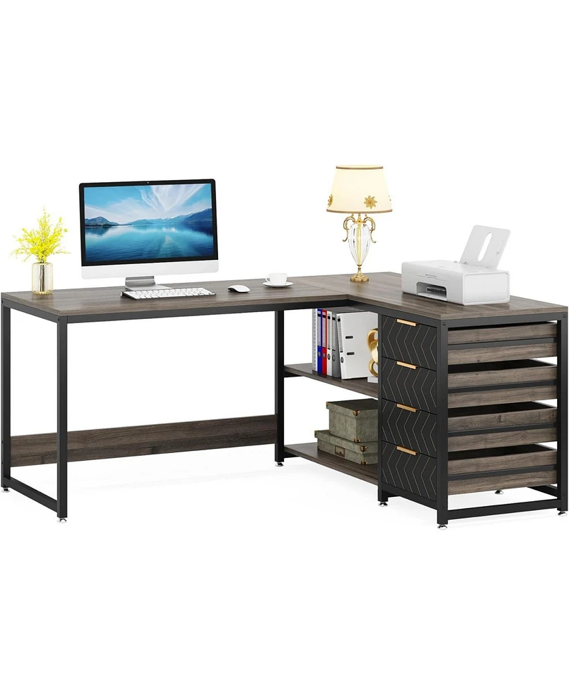 Tribesigns L Shaped Computer Desk with Storage Drawers, 59 inch Corner Desk with Shelves, Reversible L-Shaped Office Desk Writing Table Workstation fo