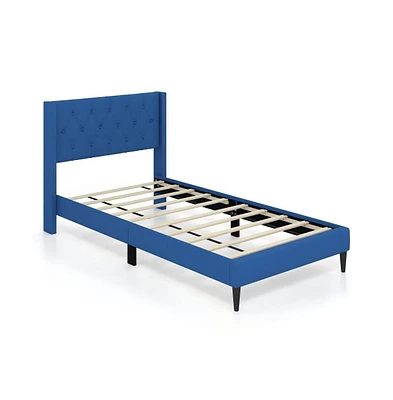 Sugift Twin Size Upholstered Platform Bed with Button Tufted Wingback Headboard-Blue