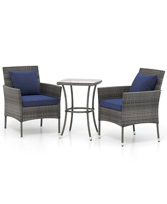 3 Pieces Patio Furniture Set with Cushioned Patio Chairs and Tempered Glass Coffee Table-Navy