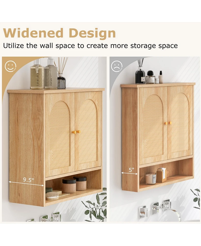 Medicine Cabinet with 2 Rattan Doors for Laundry Room Kitchen Entryway-Natural