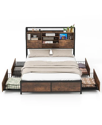 Gymax Full Size Bed Frame w/ Bookcase Headboard & 4 Storage Drawers Vintage Brown