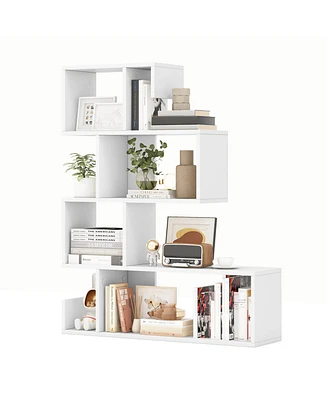 2 Pcs S-shaped Bookshelf Freestanding Stepped Etagere Bookcase with Anti-tipping Kits