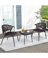 3 Pcs Patio Rattan Furniture Set with Tempered Glass Tabletop Wicker Seat