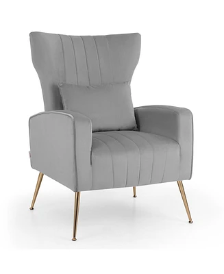 Velvet Upholstered Wingback Chair with Lumbar Pillow & Golden Metal Legs
