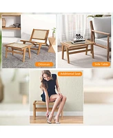1 Pcs Ottoman Footstool Natural Teak Wooden Foot Rest with Handwoven Rattan Indoor